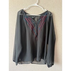 Cruel Womens XXL Black Sheer‎ Embroidered Split Back Long Sleeve Blouse Top